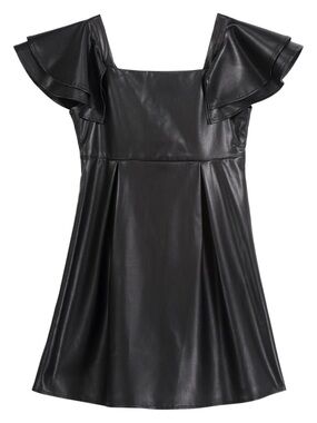 Zac Posen Black Faux Leather Ruffle Sleeve Mini Dress. Girls 12